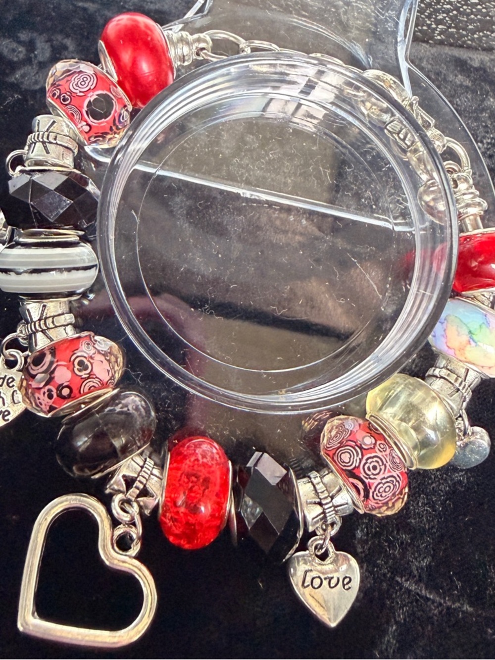 Red and Black Bead Charm Snake Bracelet with Heart Charms & a lobster clasp